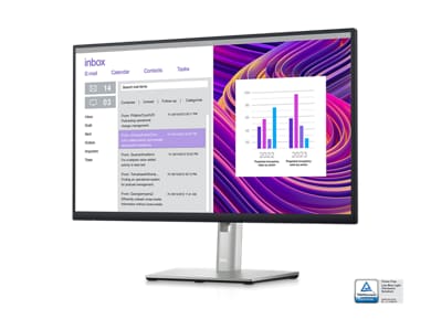 Picture  of  a  Dell  P2423D  Monitor with  a purple  background,  an  email  inbox  and  a dashboard on the screen.