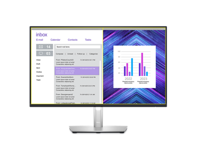 Picture of a Dell P2423D Monitor with a purple background, an email inbox and a dashboard on the screen.