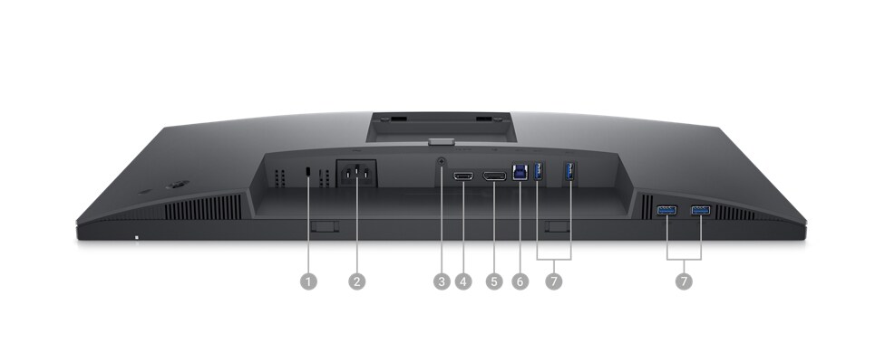 Изображение монитора Dell P2423D с опущенным экраном и цифрами от 1 до 7, показывающими порты, доступные под продуктом.