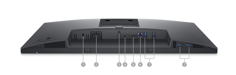 Picture of Dell P2423D Monitor with the screen down and numbers from 1 to 7 showing the ports available below the product.