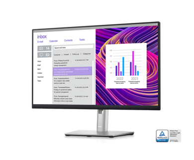Изображение монитора Dell P2423DE с фиолетовым фоном, почтовым ящиком и приборной панелью на экране.