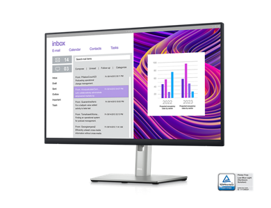 Picture of a Dell P2423DE Monitor with a purple background, an email inbox and a dashboard on the screen.