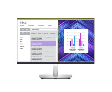 Picture of a Dell P2423DE Monitor with a purple background, an email inbox and a dashboard on the screen.
