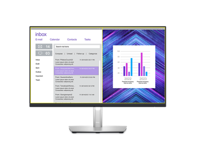 Picture of a Dell P2423DE Monitor with a purple background, an email inbox and a dashboard on the screen.