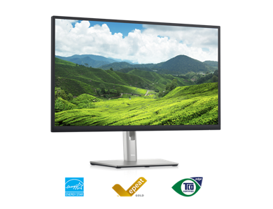 Picture of a Dell P2423DE Monitor with a nature landscape background on the screen.