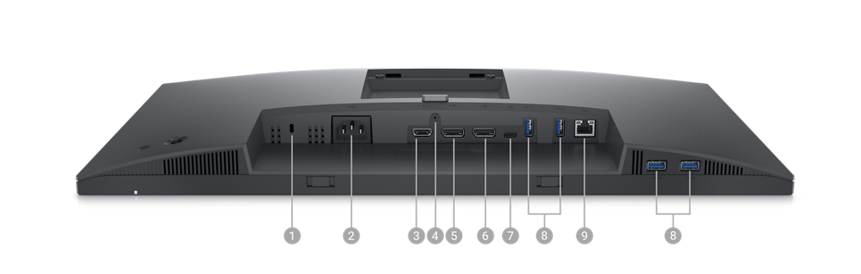 Picture of Dell P2423DE Monitor with the screen down and numbers from 1 to 9 showing the ports available below the product.