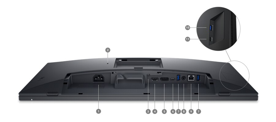 Dell P2424HT USB-C 顯示器，螢幕朝下，數字 1 到 11 顯示本產品的連接能力選項