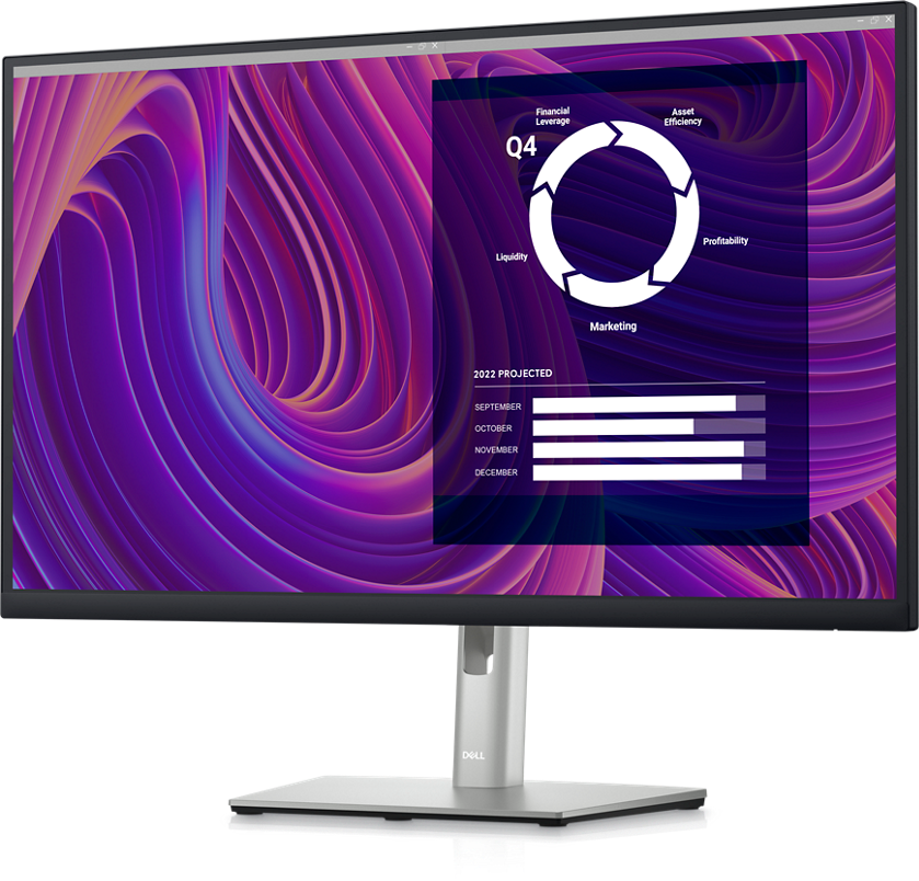 Picture of a Dell P2723D Monitor with a purple background and a dashboard on the screen.