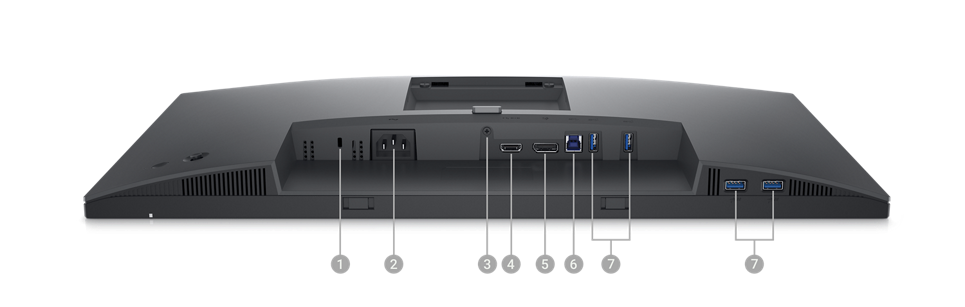 Picture of a Dell P2723D Monitor with the screen down and numbers from 1 to 7 showing the ports available below the product.