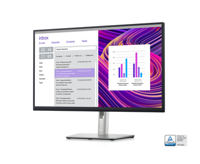 Dell P2723DE 顯示器的圖片背景是紫色的，螢幕畫面呈現電子郵件收件匣和儀表板。