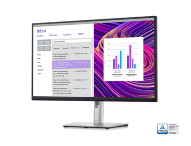 Picture of a Dell P2723DE Monitor with a purple background, an email inbox and a dashboard on the screen.