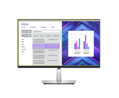 Picture of a Dell P2723DE Monitor with a purple background, an email inbox and a dashboard on the screen.