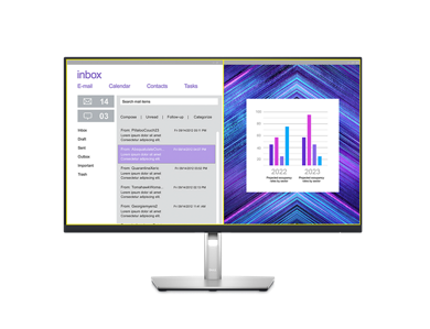 Zdjęcie monitora Dell P2723DE na fioletowym tle z skrzynką odbiorczą wiadomości e-mail i pulpitem nawigacyjnym na ekranie.