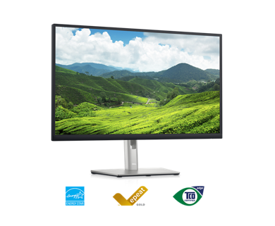 Dell P2723DE 顯示器的圖片，螢幕畫面的背景為自然的風景。