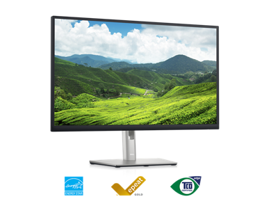 Picture of a Dell P2723DE Monitor with a nature landscape background on the screen. 