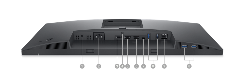 Изображение монитора Dell P2423DE с экраном вниз и номерами от 1 до 9, показывающими порты, доступные под продуктом.