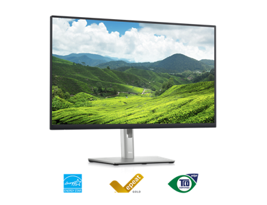 Imagem de um monitor Dell P2723QE com um ambiente natural como plano de fundo.