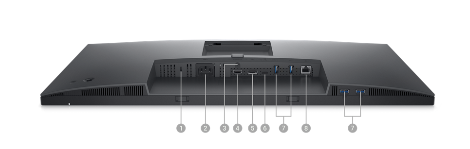 Picture of a Dell P2723QE Monitor with the screen down and numbers from 1 to 8 showing the ports available below the product.