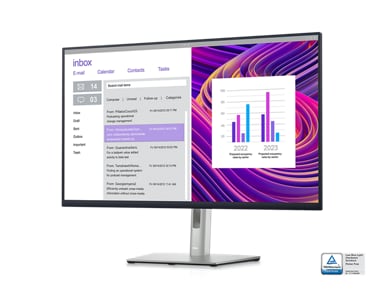 Picture of a Dell P3223DE Monitor with a purple background, an email inbox and a dashboard on the screen.