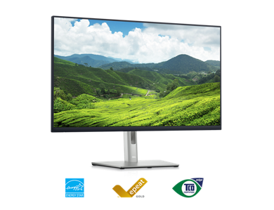 Imagen de un monitor Dell P3223DE con un panorama natural en el fondo de la pantalla.