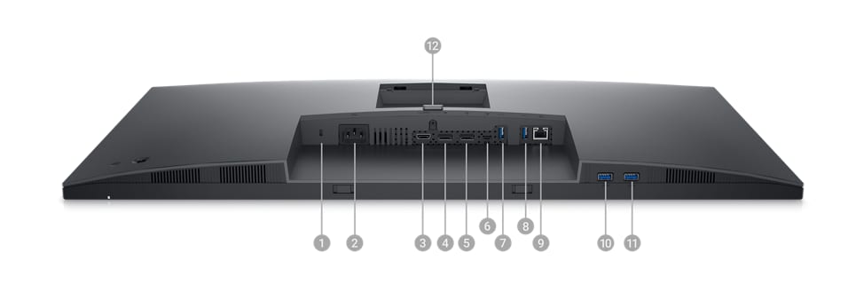 Изображение монитора Dell P3223DE с экраном вниз и цифрами от 1 до 12, показывающими порты, доступные под продуктом.