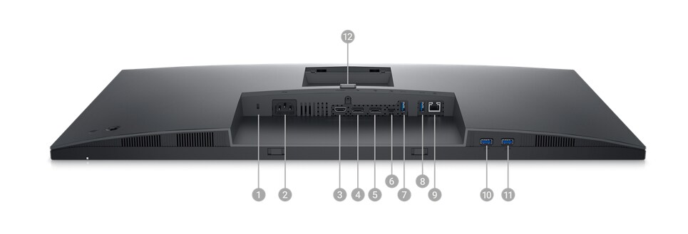Imagen del monitor Dell P3223DE con la pantalla hacia abajo y números del 1 al 12 que muestran los puertos disponibles debajo del producto.