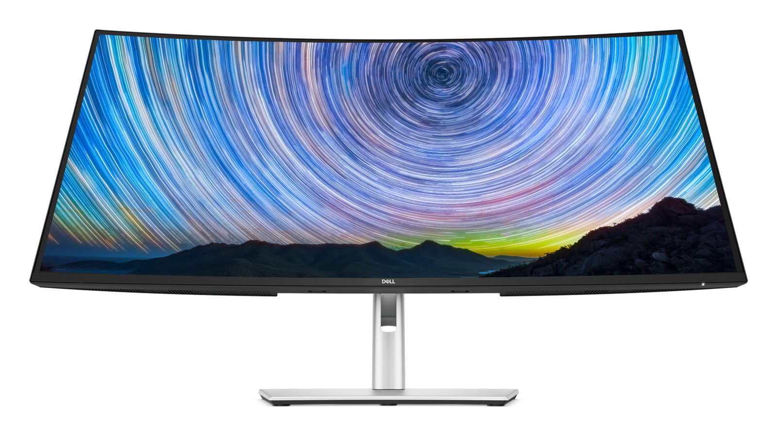 Dell Pro 34 Plus USB-C 集線器顯示器，螢幕顯示沙漠和色彩繽紛的天空。