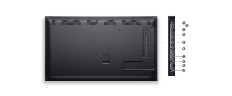 Интерактивный сенсорный монитор Dell P5524Q с цифрами от 1 до 10, обозначающими варианты подключения продукта.