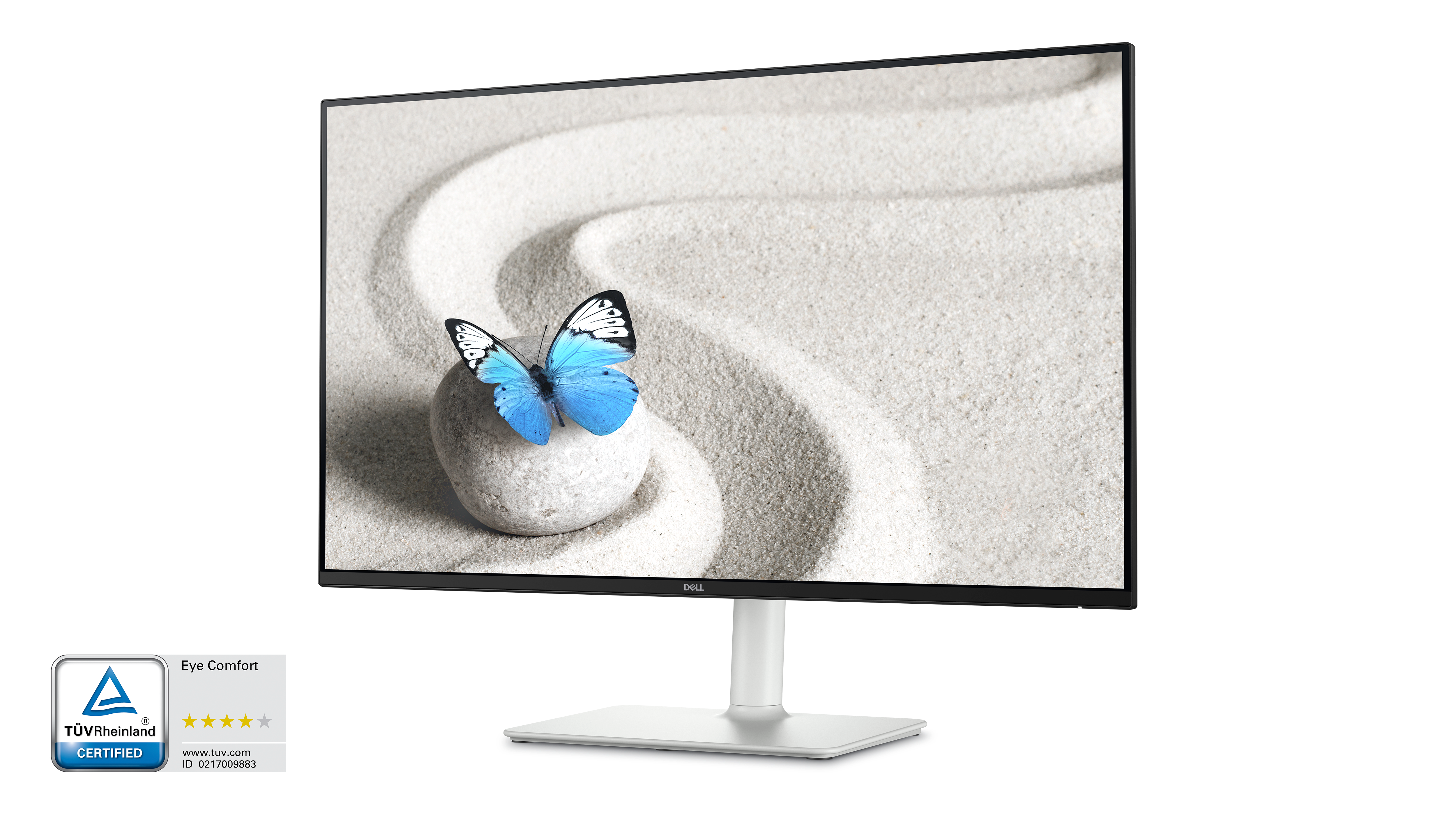 S2725DS Monitor with a screenfill showing sand raking design with colorful blue butterfly