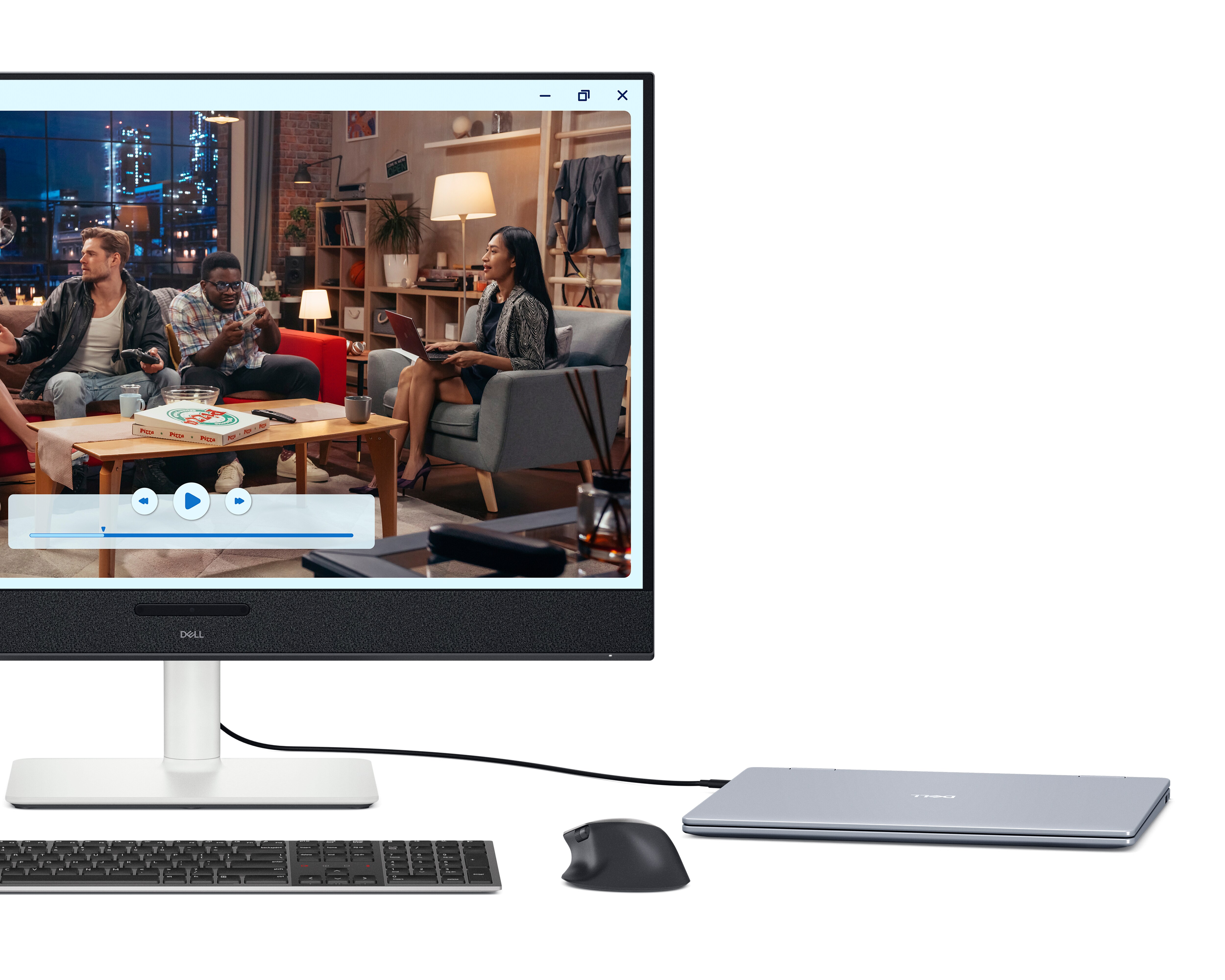 Dell 32 Plus Monitor with a laptop, keyboard and mouse connected.