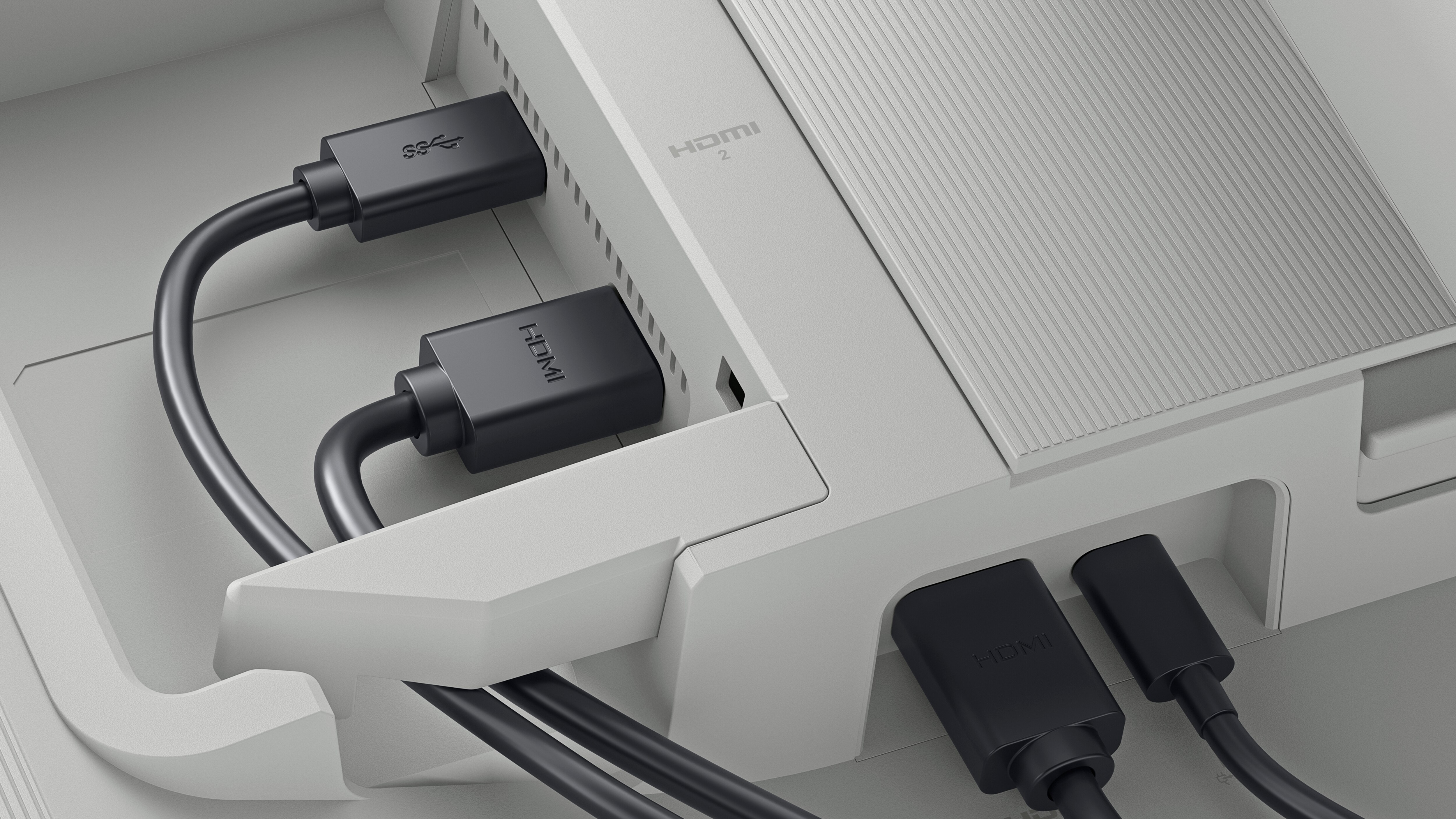A close up of the back of the monitor, highlighting the side-access ports.