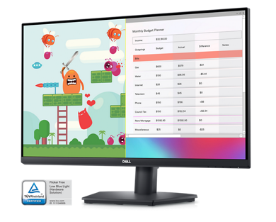 Ekranın sağ tarafında bir pano ve sol tarafında bir oyun bulunan bir Dell SE2723DS Monitörün resmi.
