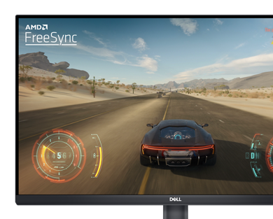 Ekranda bir oyun görüntüsü olan bir Dell SE2723DS Monitörün resmi.