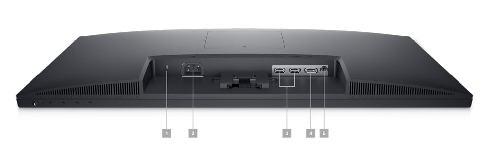 Zdjęcie monitora Dell SE2423DS umieszczonego ekranem do dołu z cyframi 1–5 oznaczającymi dostępne porty wymienione pod produktem.