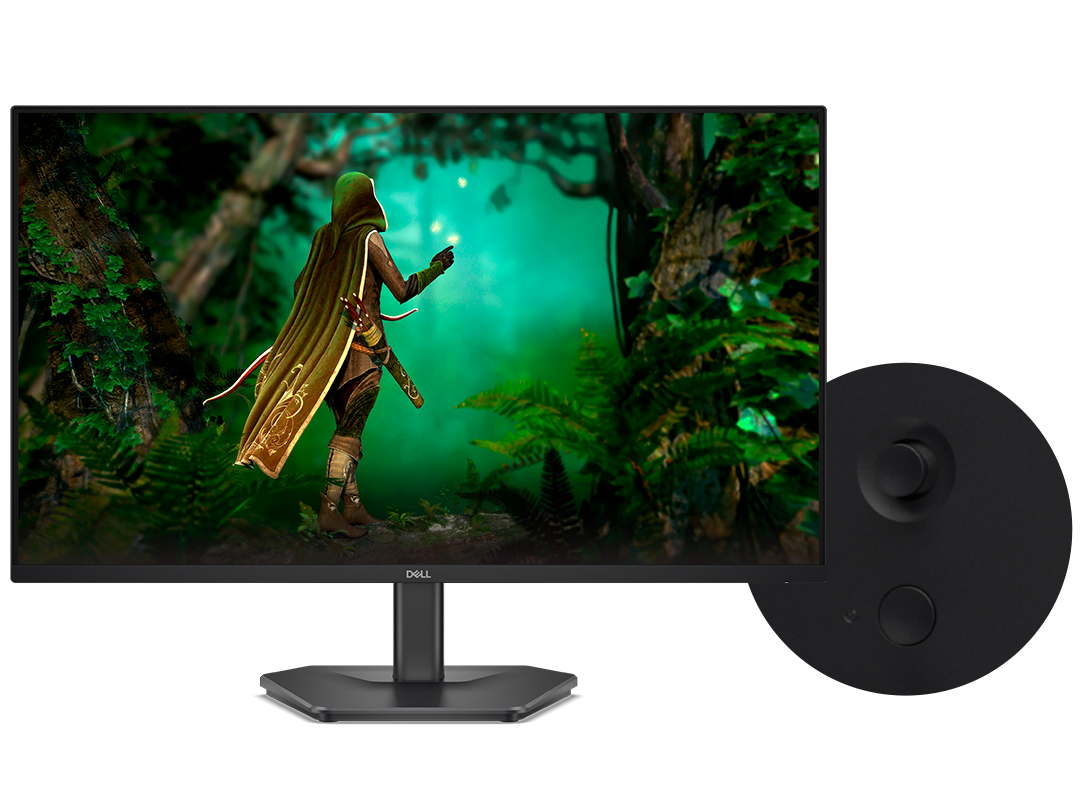 An image of a Dell 27 200Hz Monitor highlighting its key features including a rear joystick control interface.