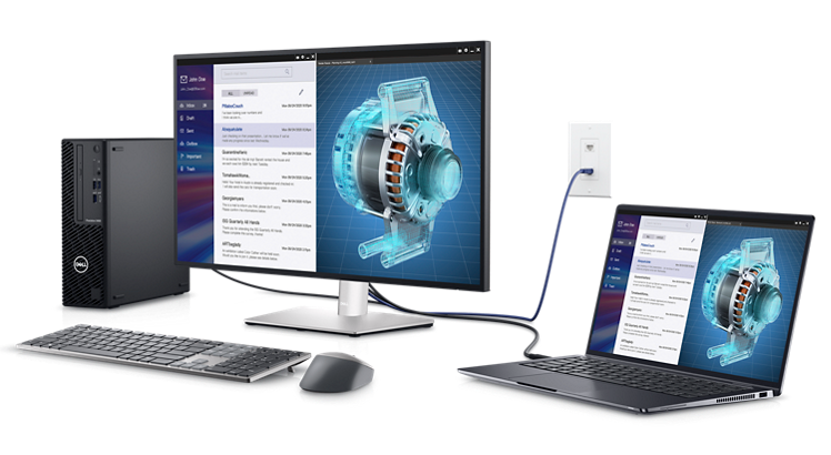 Monitor Dell compatible con KVM conectado a dos computadoras, un monitor, un teclado y un mouse.
