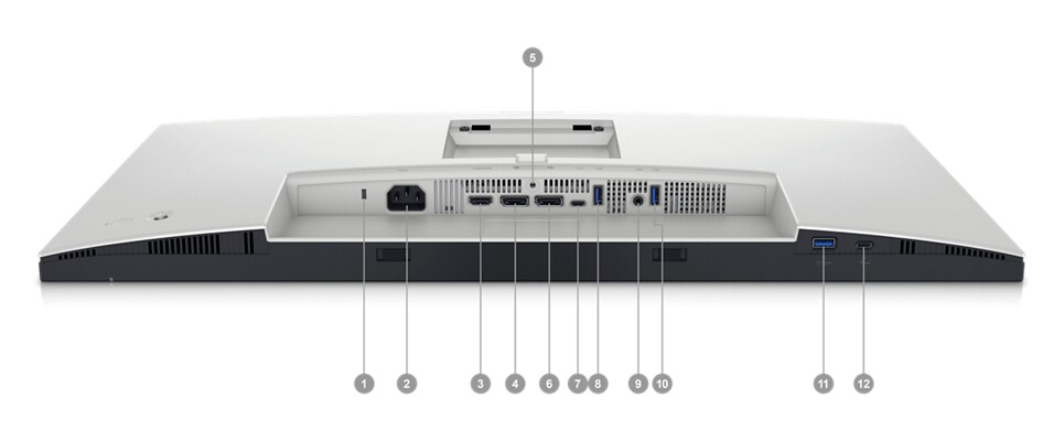 Dell U2724D UltraSharp 顯示器，螢幕朝下，並以數字 1 到 12 標示出產品的連接埠和插槽