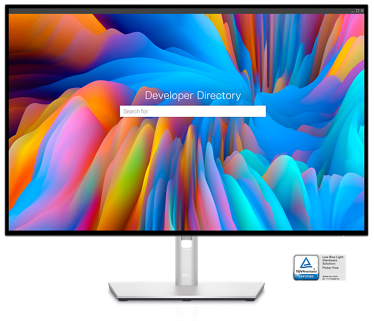 Renkli bir manzara, bir arama çubuğu ve ekranda "Geliştirici Dizini" yazan Dell U3023E Monitörün resmi.