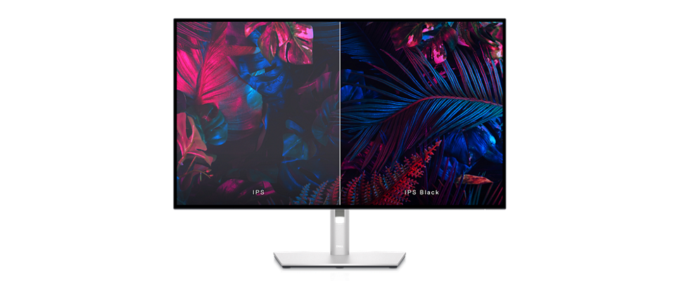 Dell U3223QE 顯示器的圖片，螢幕分隔並呈，顯示相同背景畫面，一邊的影像品質更佳。