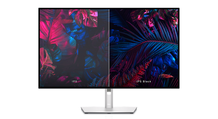 Imagen de un monitor Dell U3223QE con una pantalla dividida que muestra el mismo fondo; uno de los lados presenta una mejor calidad de imagen.