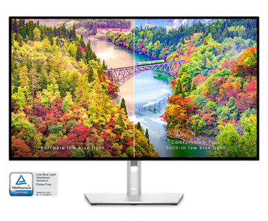Dell U3223QE 顯示器的圖片，螢幕分隔並呈，顯示相同背景畫面，一邊的影像品質更佳。