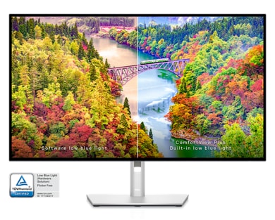 Imagen del monitor Dell U3223QE con una pantalla dividida que muestra un mismo fondo, un lado con mejor calidad de imagen.