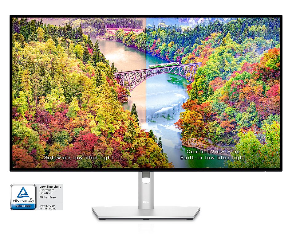 Bild des Monitors Dell U3223QE mit demselben Hintergrund auf einem geteilten Bildschirm, eine Bildschirmhälfte hat eine bessere Bildqualität.