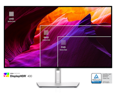 Picture of Dell U3223QE Monitor with a colorfulbackground divided by white rectangles with different monitor resolutions.