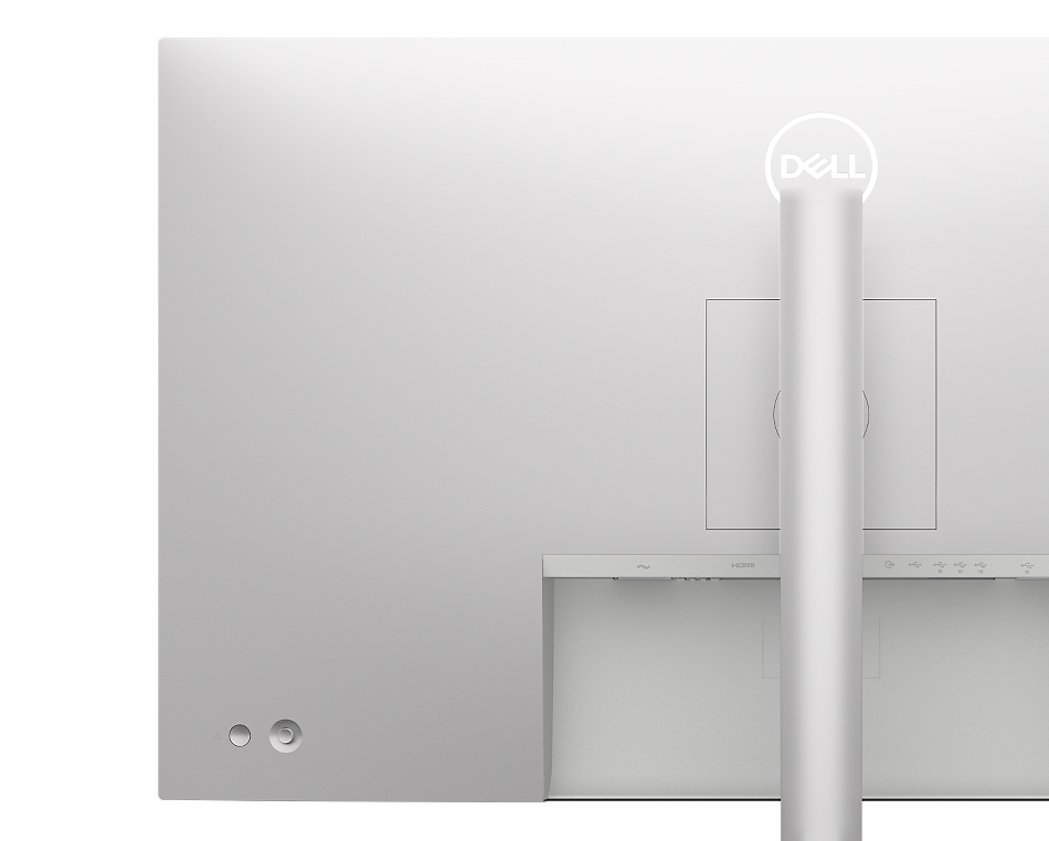 Abbildung eines auf der Rückseite liegenden Monitors Dell UltraSharp U3223QE vor weißem Hintergrund.