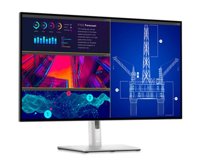Picture of Dell U3223QE Monitor placed on a white background withdifferent images on the screen.