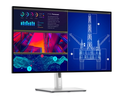 Imagen de un monitor Dell U3223QE sobre un fondo blanco con diferentes imágenes en la pantalla.