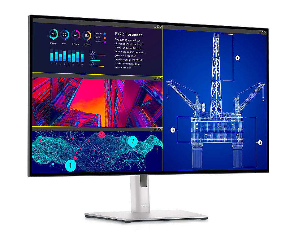 Abbildung des Monitors Dell U3223QE auf weißem Hintergrund mit unterschiedlichen Bildern auf dem Bildschirm.