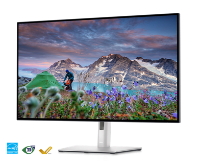 Picture of Dell U3223QE Monitor placed on a light gray background with a landscape on the screen.