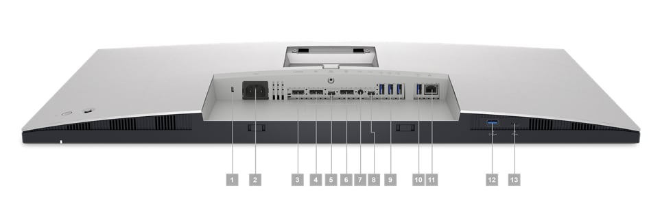 Picture of Dell U3223QE Monitor with the screen down and numbers from 1 to 14signaling the ports available below the product.